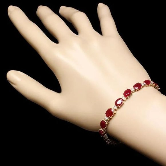 16.30Ct Natural Red Ruby & Diamond 14K Solid Yellow Gold Bracelet - Picture 4 of 5